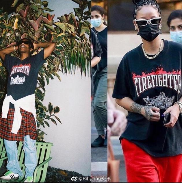 推上有粉丝扒到Rihanna今年与现绯闻男友Asap Rocky撞衫多次 图片来源:@Rihanna资讯 微博