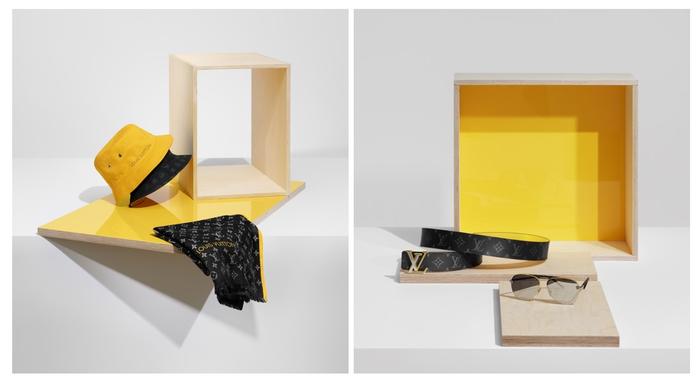 左图 LV Initiales 40 毫米双面腰带,Monogram Eclipse 帆布搭配黄色 Epi 皮革 Monogram 帆布金属太阳眼镜 右图 Monogram Denim 渔夫帽 Summer Patch 长围巾
