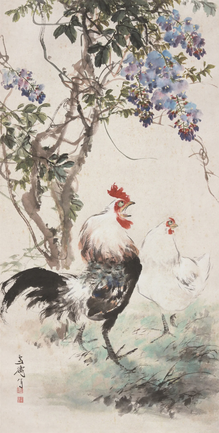 紫藤双鸡 王雪涛 124.5cm×63.5cm 纸本设色 无年款