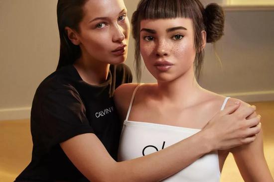 早前 Lil Miquela 与 Bella Hadid 为 Calvin Klein 拍摄广告