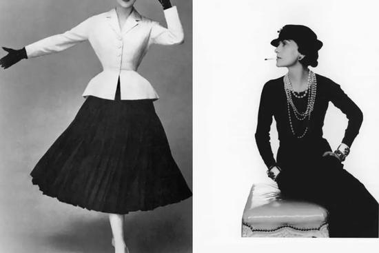 Christian Dior 的 New Look 设计(左)Coco Chanel(右)