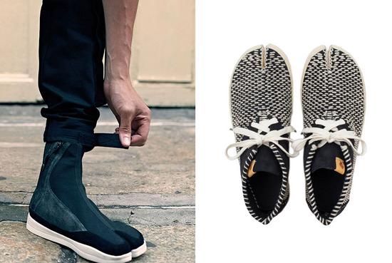 左:Abasi Rosborough Technical Tabi Boot 右:VISVIM Tabi Shashiko Folk运动鞋