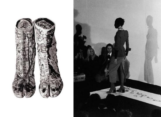 左:MARTIN MARGIELA 1990系列的涂鸦Tabi踝靴 右:MARTIN MARGIELA 1989春夏系列呈现的Tabi踝靴