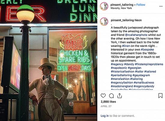 Zack Pinsent在夜晚的纽约 图片来源:Instagram账号@pinsent_tailoring