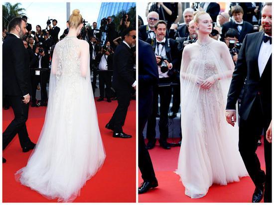 Elle Fanning 身着Reem Acra刺绣薄纱长裙