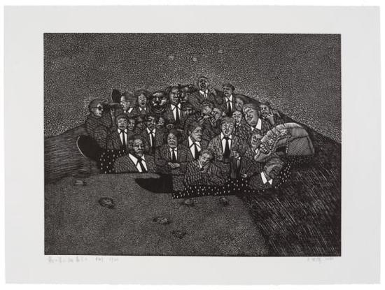 《戴口罩的病毒之二》,黑白木刻,76 × 56 cm,2020