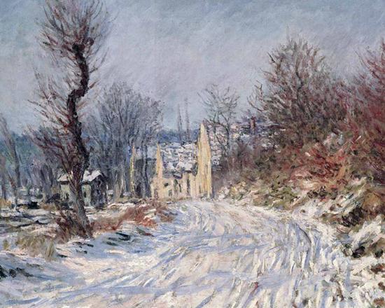 克劳德·莫奈《吉维尼冬日村口》(Entrance to Giverny in Winter),创作于1885年,为私人藏品。