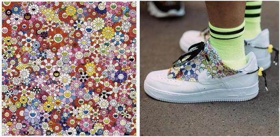 左 村上隆 《幸福花》 版画 68ⅹ68cm 2015 右 村上隆 x Virgil Abloh x NIKE Air Force 1