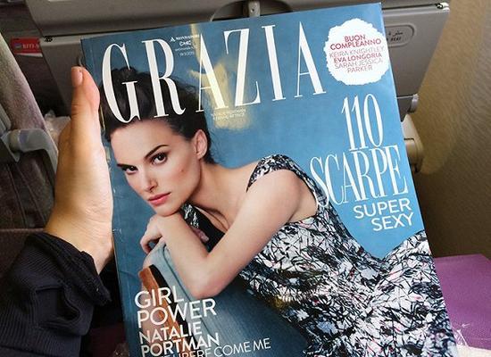 起飞后,我开始浏览起飞前在报摊取阅的意大利时尚杂志《Grazia》,内容有点引人入睡。