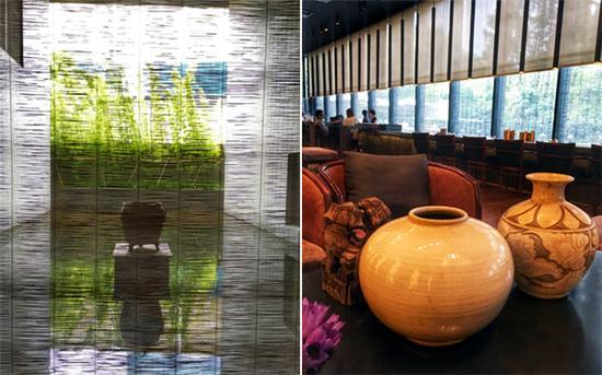 餐厅位于静安公园内,巨幅落地百叶窗外的静安公园隐约可见,构成别有一番滋味的丛林树影。
