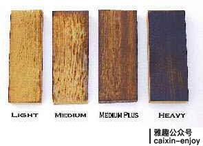 不同炙烤程度的橡木,可想其对颜色的影响