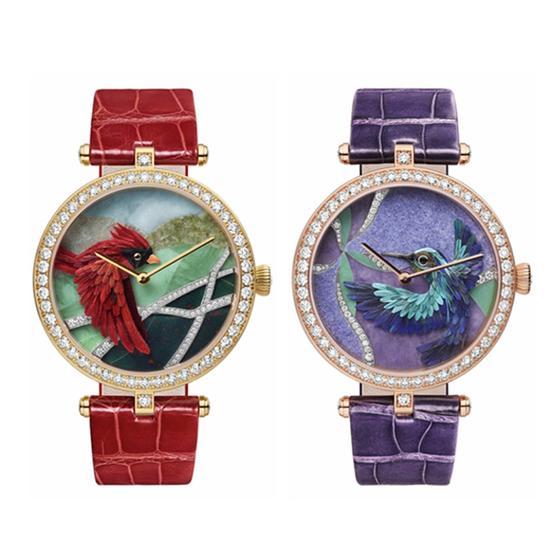 梵克雅宝Lady Arpels Cardinal Carmin、Lady Arpels Colibri Indigo腕表,图片来源于梵克雅宝。