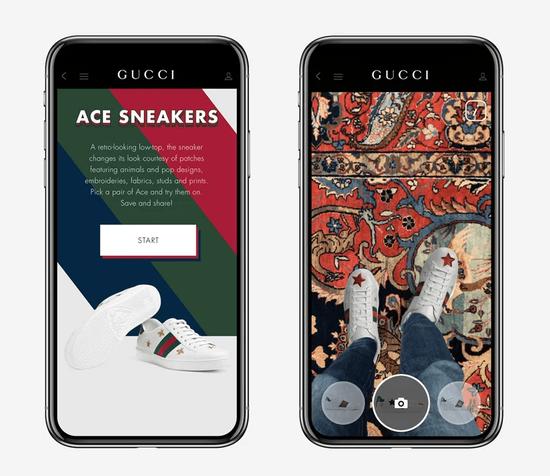 Gucci 在其应用中展示了一种新的增强现实功能,该功能允许买家尝试 Ace 运动鞋系列