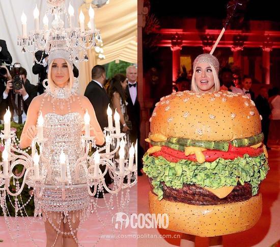 左:Katy Perry身穿Moschino吊灯裙