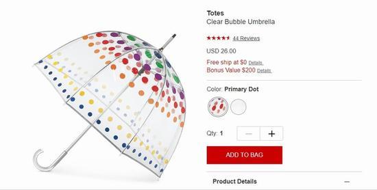 TOTES经典透明雨伞 图片源自www.macys.com