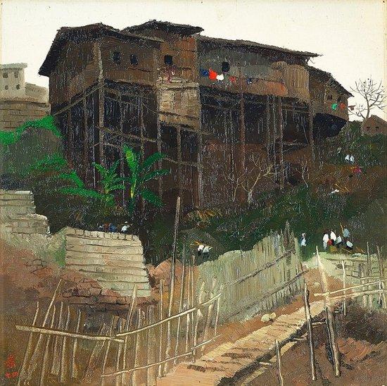 吴冠中《四川吊脚楼》 1974年作,油画木板,46 x 46 公分 估价:4,000,000 – 8,000,000港元