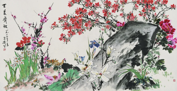 百花齐放 王雪涛 97cm×188cm 纸本设色 1977年