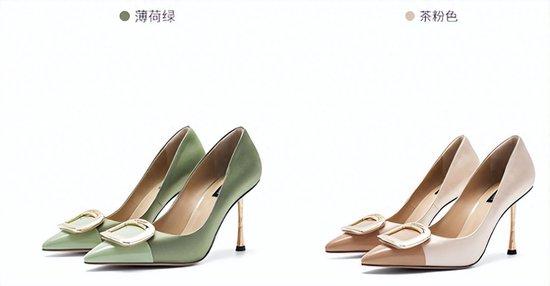 NineWest玖熙尖头高跟鞋小蛮腰跟2023秋新款真丝布拼接漆皮单鞋