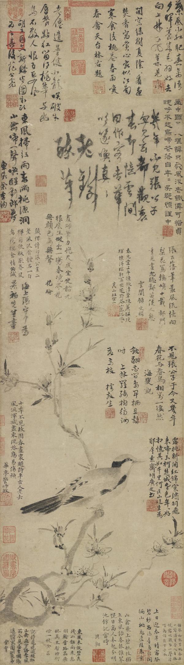 《桃花幽鸟图》轴,元,张中绘,纸本墨画,112.2 x 31.4cm,台北故宫博物院。