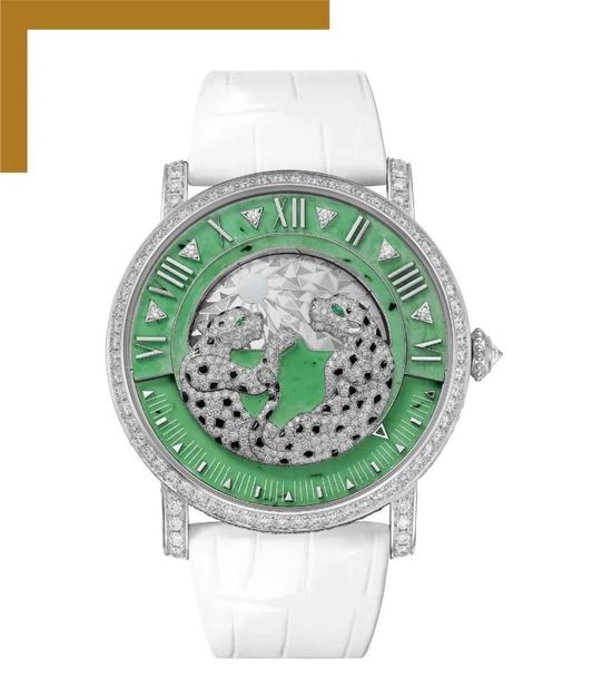 Cartier 中国限定款作品,白金碧玉猎豹装饰昼夜显示腕表