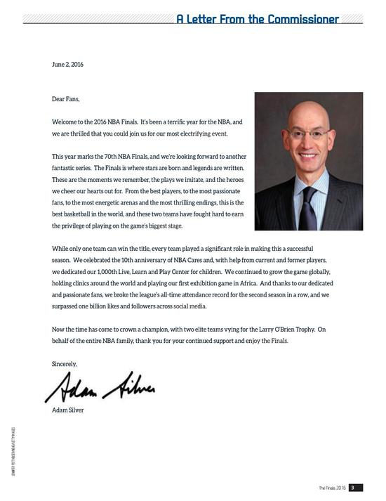 在《The Finals 2016》的其中一页里,有 Adam Silver 签名(图片来源:issue)