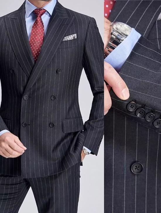 Pinstripe Suit:以黑色、炭色为主调,上面画有白色细线的昂贵西装