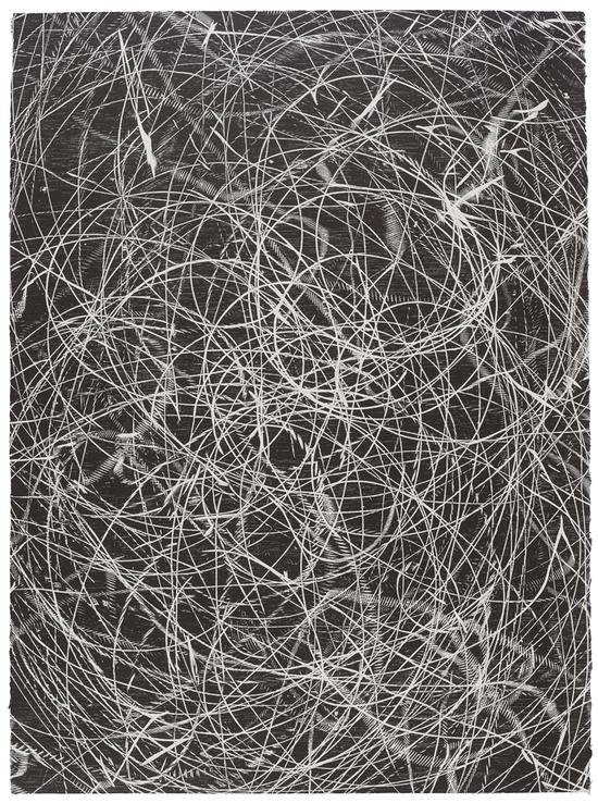 《时间与虫洞2》,黑白木刻,56 × 76 cm,2019