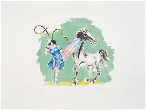 《春丽踢死马》,石版套色,76 × 56 cm,2020