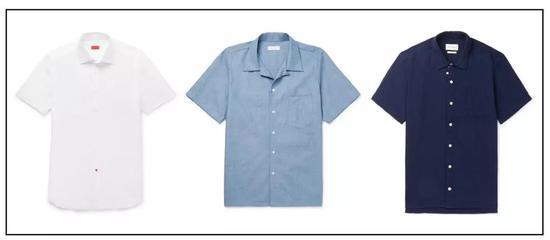 左起:Isaia 白色泡泡纱短袖衬衫、Richard James 海水蓝短袖衬衫、Oliver Spencer 藏蓝色修身短袖衬衫