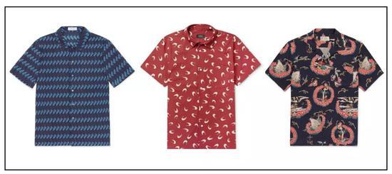 左起:Enlist 棉质印花短袖衬衫、A.P.C。 新月印花修身衬衫、RRL 夏威夷衬衫