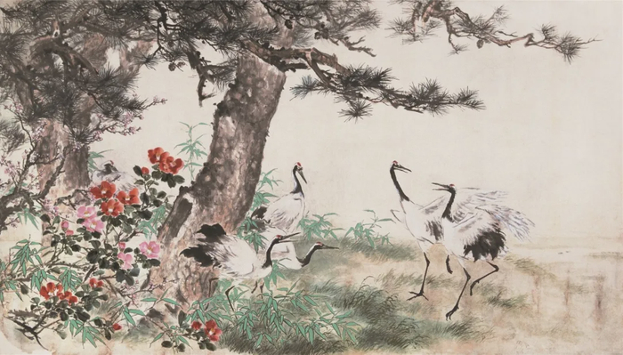 松鹤山茶 王雪涛 207cm×364cm 纸本设色 无年款