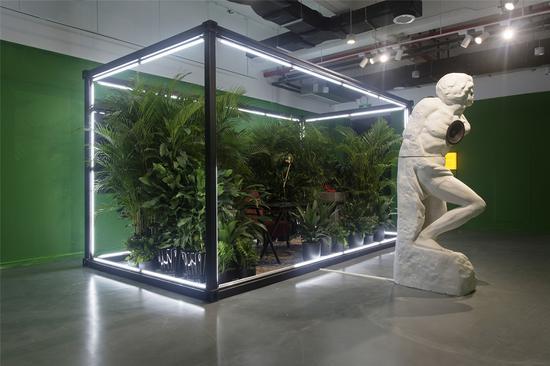 作品名称:《书房》作者:许一/宋振熙 材质:植物,金属,沙发,桌子,台灯,石膏,喇叭,播放器,高跟鞋,输液袋,衬衫 尺寸:200*500*250cm 年代:2019 这是一间书房,更像一个安静的内心境场, 绿色生命的空间。 植物的灌养呈现一种生机的意向,空间向暖。 作者臆想了一个写作的空间,以书写构建一个安全的私属领地。如同温暖带来的滋养。 空间外的那个“人”,与之对峙。如同孤独给予的力量。 一个对话的过程,作者与自身,与外物,与环境,看似几封毫无联系的书信内容,实则充满生命万千变化的关联性。作者用手写信件和声音表达,来探讨生命的温度、色度和思维的维度。色彩在这个生命个体中,展现成为一种象征载体,让我们充满对个人力量与思欲的想象。