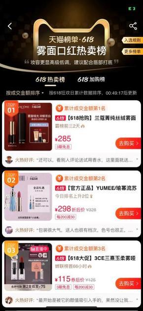 YUMEE瑜幂《天猫618雾面口红热卖榜》TOP3战绩
