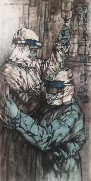 《武汉抗疫一线》68×168cm 2020年