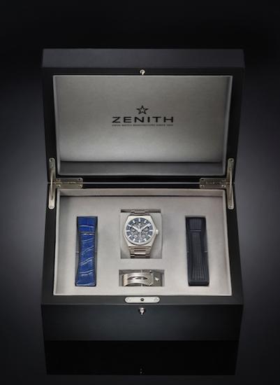 ZENITH真力时DEFY系列CLASSIC经典镂空腕表尊享礼盒,同时配备橡胶、鳄鱼皮、钛合金三款表带,仅在真力时中国区专卖店限量有售。