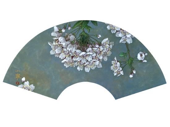 万小宁 Wan Xiaoning《河津樱 Kawazu-zakura》纸本着色、岩彩 Mineral color on paper 64x31cm 2021