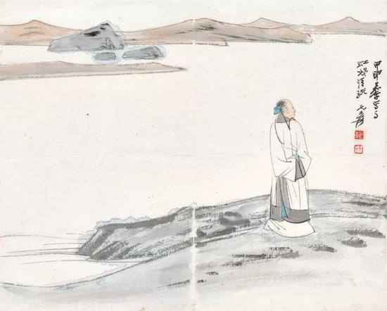 * Lot 151 张大千 湖岸行吟 镜心 设色纸本 1945年作 尺寸:21.5×26.5 cm。 约0.51平尺