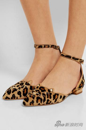 Charlotte Olympia 刺绣豹纹印花小牛毛尖头平底鞋