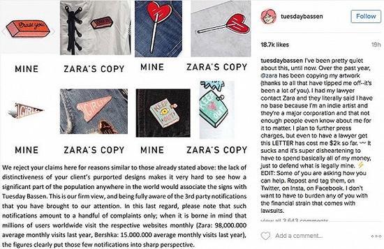 27岁的插画家Tuesday Bassen在Instagram上发出的自己的作品与Zara抄袭的对比图