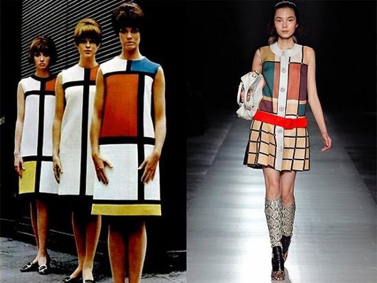 Yves Saint Laurent于1965年推出的“蒙德里安裙”(左)和Prada品牌2011秋冬女装