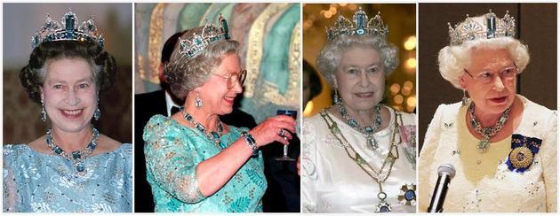 女王佩戴巴西海蓝宝王冠 (The Brazilian Aquamarine Parure)及海蓝宝珠宝