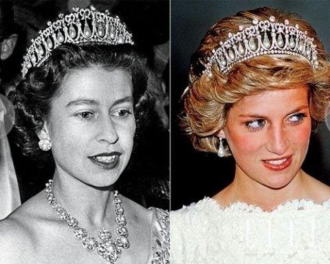 左:伊丽莎白二世女王佩戴“剑桥情人节王冠”(Cambridge Lovers Knot Tiara);右戴安娜王妃佩戴