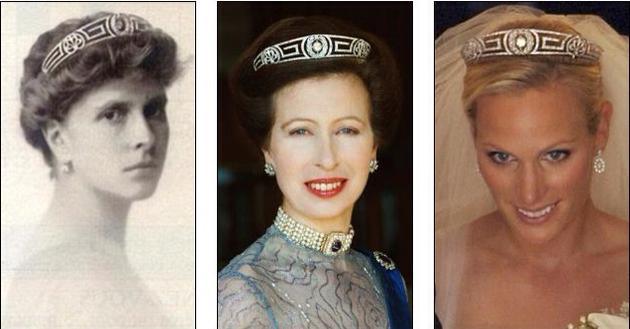 左:伊丽莎白二世女王的婆婆;中:安妮公主;右:安妮公主的女儿Zara Philips佩戴希腊漫步之安德烈阿斯亲王妃王冠
