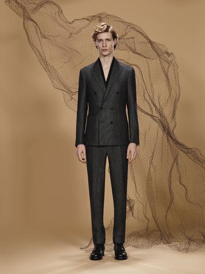Canali FW17_look_08_混色纯羊毛鸟眼纹西装,双排扣西装外套,无褶西装裤,亮面小牛皮靴