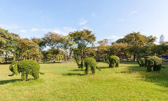曼谷的鲁比尼公园里修剪成大象模样的植物。图片来源:Alamy