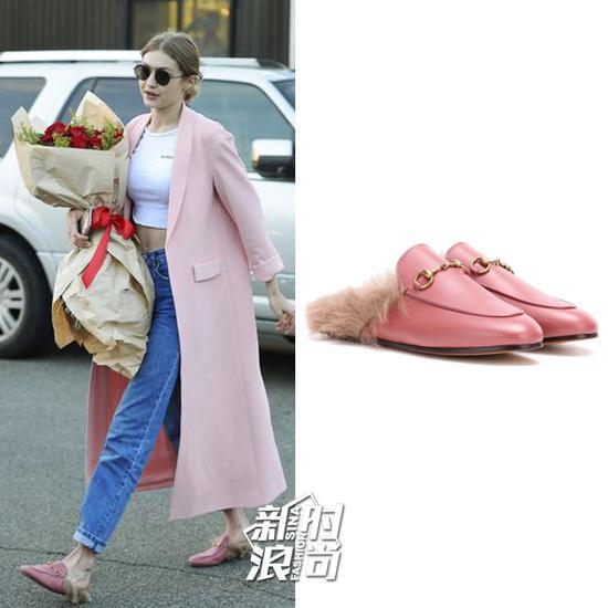 Gigi街拍穿Gucci毛拖鞋