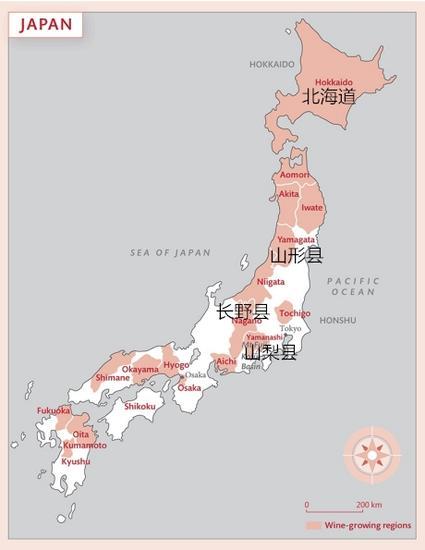 日本的葡萄酒产区 图片来源:《The Oxford Companion to Wine》