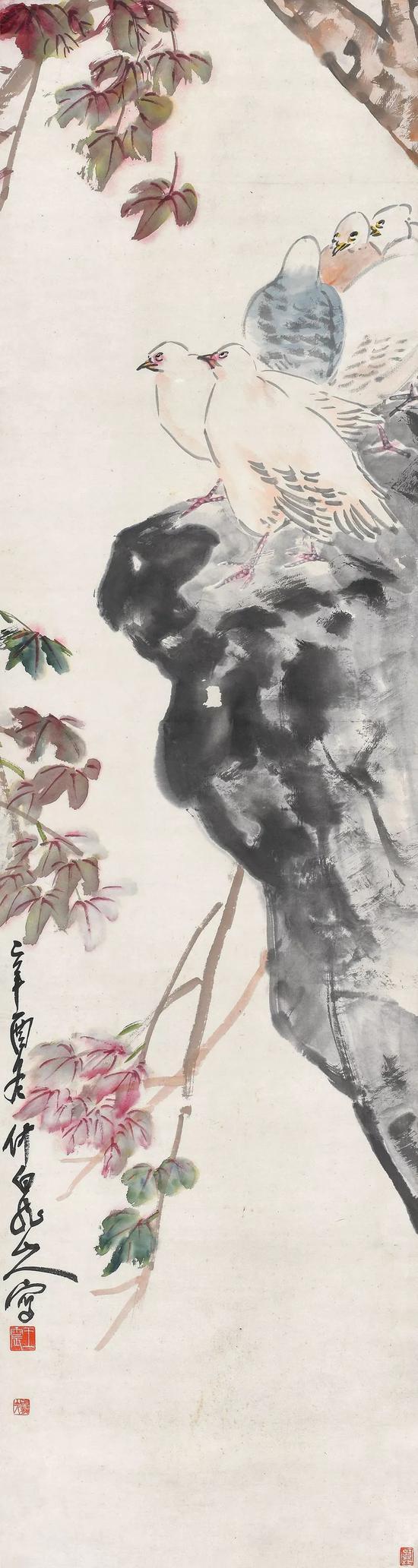 Lot331 王震(1867-1938) 红叶群鸽 辛酉(1921年)作 立轴 设色纸本 出版: 《王一亭的使用印和书画》第71页,(日本京都)丸孙商店出版部,2016年1月 150.6×39.8 cm。 约5.4平尺 题识:辛酉冬仲,白龙山人写。 钤印:王震、白龙山人、红豆林