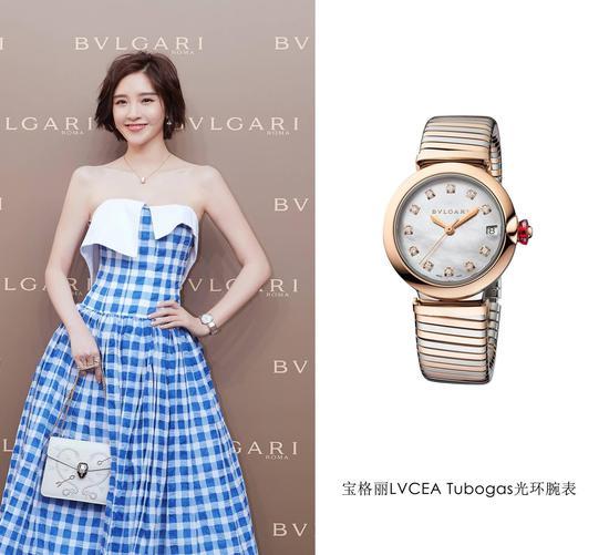 唐艺昕佩戴宝格丽LVCEA Tubogas间金款光环腕表