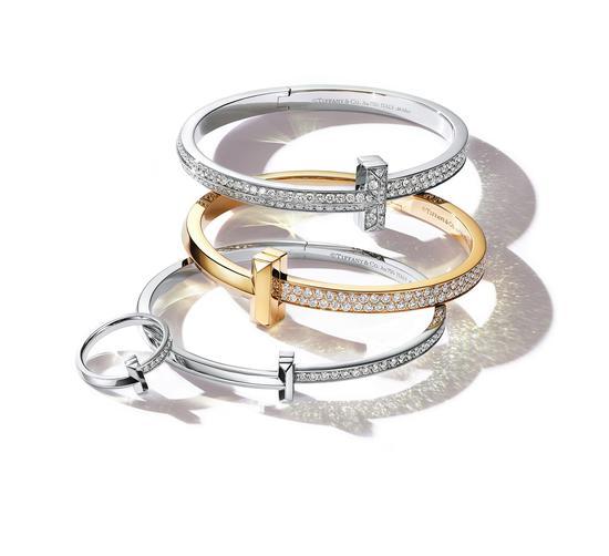 Tiffany&Co. 蒂芙尼T1系列18K黄金镶钻手镯与18K白金镶钻手镯及戒指